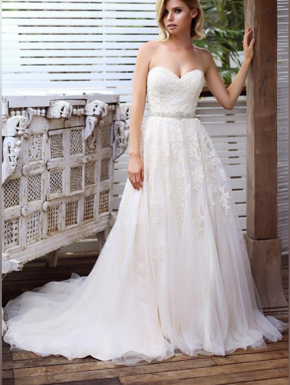 Strapless Lace A-Line Wedding Dress with Beaded Waist